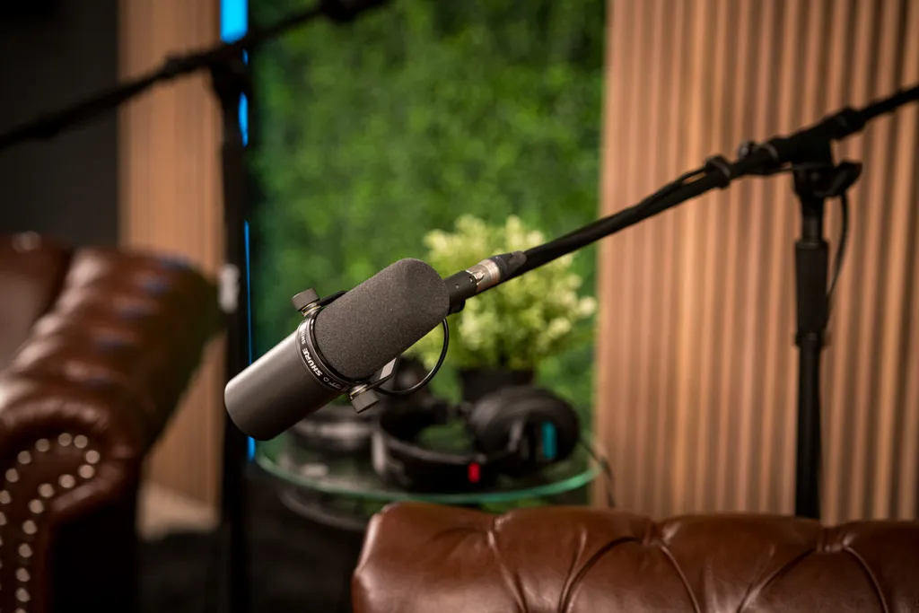 A studio microphone over the leather couches