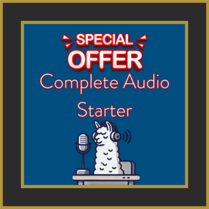 Special Offer Complete Audio Starter featuring a llama with headphones at a microphone