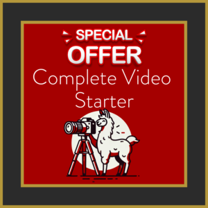 Special Offer on Complete Video Starter featuring a llama operating a video camera
